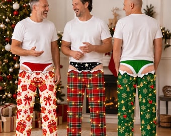 Pantalones de pijama navideños divertidos, pantalones deportivos con efecto de ropa interior, pantalones de descanso navideños feos (para hombre y mujer)