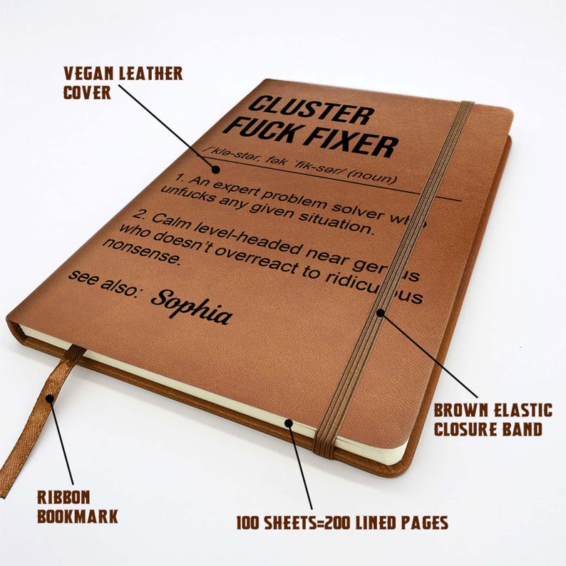 May include: A brown vegan leather notebook with the text "CLUSTER FUCK FIXER" and a definition. Features include a ribbon bookmark, elastic closure, and 100 lined sheets. The name "Sophia" is also printed on the cover.
