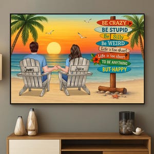 Summer Couple Sitting Be Happy Personalized Poster, Summer Poster Gift For Husband, Wife, Family Gifts, Love Couple Anniversary Gifts