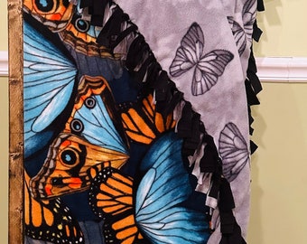 Reversible Butterfly Fleece Blanket: Handcrafted No Sew Cozy Decor thick tie blanket