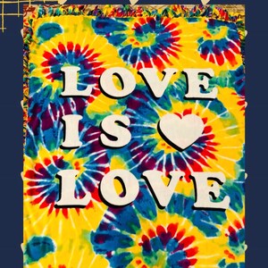 May include: A yellow, blue, red, and purple tie-dye fleece blanket with the words "LOVE IS LOVE" in white letters and a white heart in the center.
