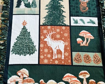 Handmade Wildlife Fleece Blanket: Reversible Deer, Moose & Mushroom Design thick tie blanket
