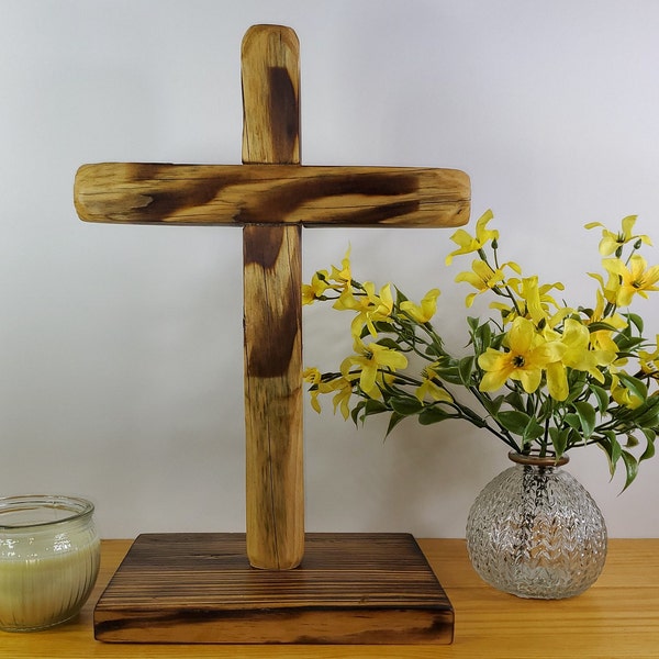 12" Wooden Cross made from Reclaimed Pine with a matching Base. “Sho Sugi Ban” wood burning accentuated the beautiful grains of the wood.