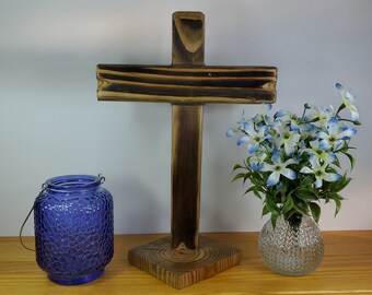 12" Freestanding Wooden Cross with Base. Growth Rings are emphasized with “Sho Sugi Ban” wood burning and finishes.