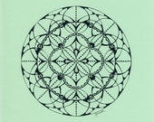 Unique mandala drawing - black on Aquamarine, OOAK, original, A4
