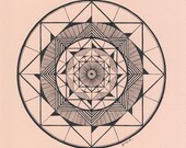 Unique mandala drawing - black on dusty pink, OOAK, original, A4