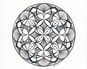 Unique mandala drawing - black on white, OOAK, original, A4