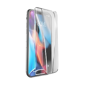 May include: A clear phone screen protector with a curved edge, designed to fit a smartphone. The protector is shown on top of a smartphone with a blue and orange background.