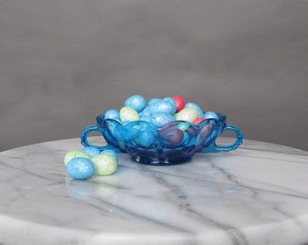Bol bleu vintage, couche en verre bleu, plat de bonbons aux noix