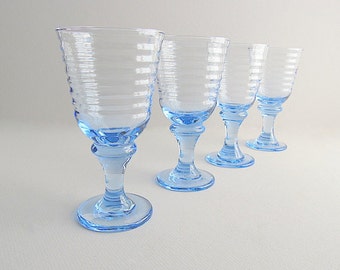 Vintage Blue Water Goblets, Stemmed Glasses, Libbey Sirrus Blue Barware