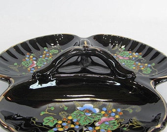 Vintage Black Divided Dish With Handle, Hand Painted, Japan