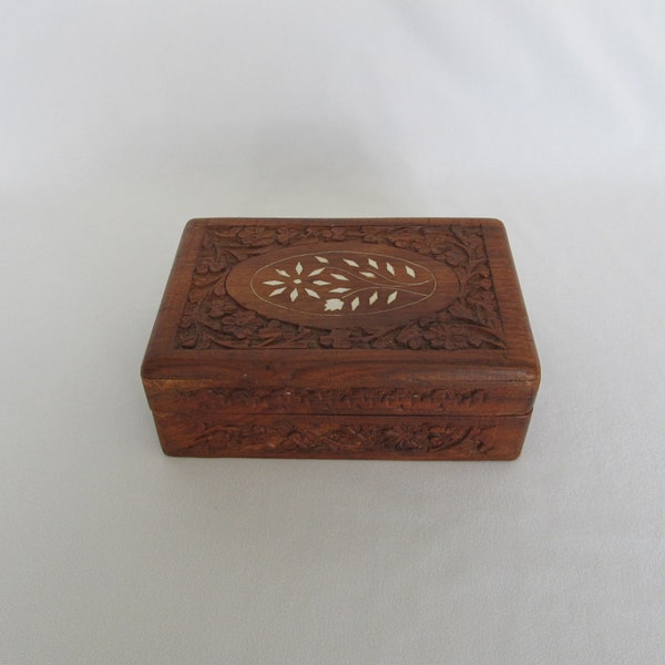 Vintage Hand Carved Box with Flower Inlay, Wooden Storage Container