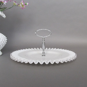 Vintage Milk Glass Platter, Silver Crest Plate, Cupcake Display Stand, Tidbit Tray