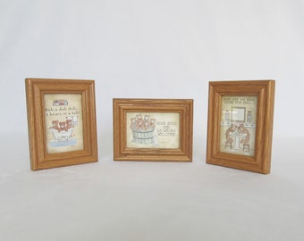 Miniature Bear Pictures, Wall Decorations, Wood Frames with Glass, Set of 3