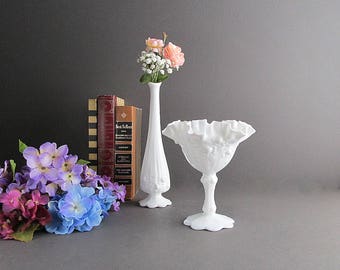 Vintage Milk Glass Dish and Vase Set, Milk Glass Bud Vase, Milk Glass Candy Dish, Footed Dish, Fenton Cabbage Rose Pattern