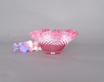 Vintage Cranberry Opalescent Hobnail Fenton Bowl