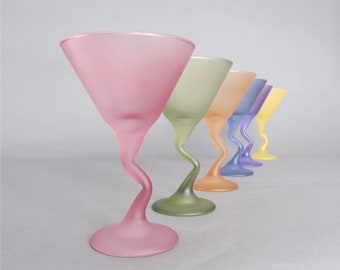 Vintage Z Stemmed Glasses, Frosted Satin Martini Glasses, Pastel Colors, Set of 6