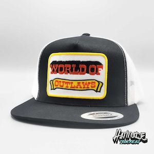 World of Outlaws Nascar Racing Retro-Style Trucker on a black with white mesh Yupoong 6006 flat-billed high-crown