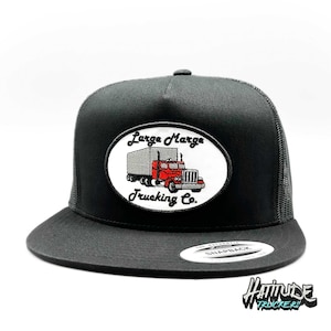 May include: Black trucker hat with a white oval patch featuring a red semi-truck and the text "Large Marge Trucking Co."