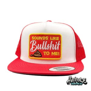 Sounds like BS To Me Funny Adult Humor Retro-Style Trucker on a white with red mesh Yupoong 6006 flat-billed high-crown
