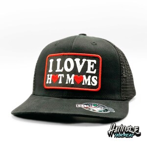 I Love Hot Moms patch on all black BK 5324 curved-bill mid-crown