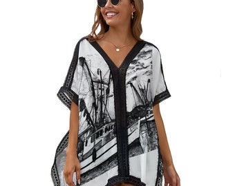 Black and White Shrimp Boats Swimsuit Cover-up ZS907 (All-Over Printing)