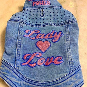 May include: A blue denim jacket with pink glitter lettering that says "Lady Love" and a pink glitter heart. The collar has blue glitter lettering that says "Chihuahua Power".