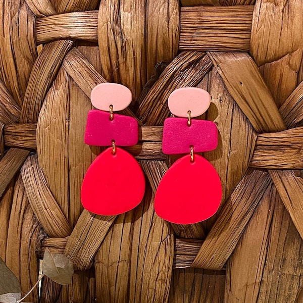 Hot Pink Pop Colorblock Dangle | Light Pink, Magenta, Neon Red | Polymer Clay Earrings | Colorful | Statement | Lightweight | Hypoallergenic