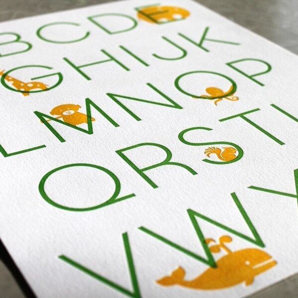 SALE Letterpress Alphabet Art Print. Modern Design. Apple/Marigold. 11 x 14