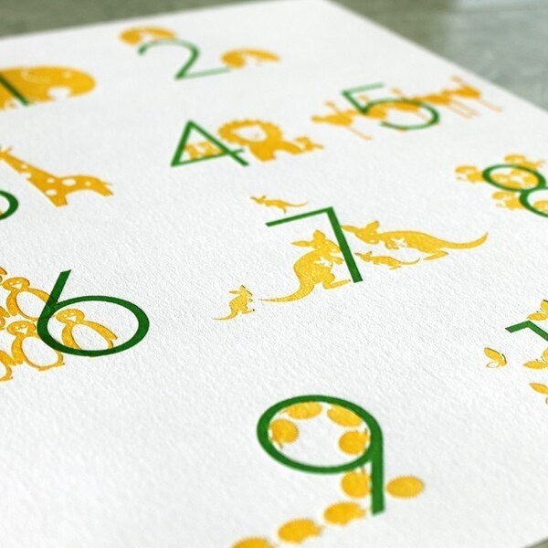 SALE Letterpress Numbers Art Print. Apple/Marigold. Modern Design. 11x14.