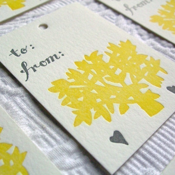 Letterpress Gift Tags. Yellow and Gray Tree. Set of 8.
