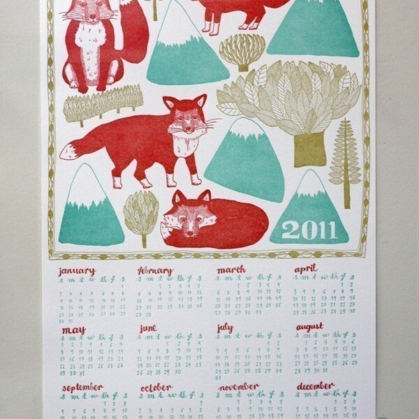Letterpress 2011 Wall Art Calendar. Foxes, Trees, and Mountains