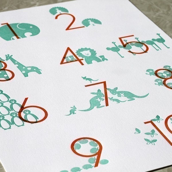 Letterpress Numbers Art Print. Modern Design. Tangerine/Aqua. 11x14