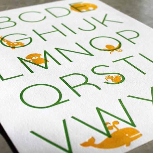 Letterpress Alphabet Poster. Modern Design. Apple/Marigold. 11 x 14