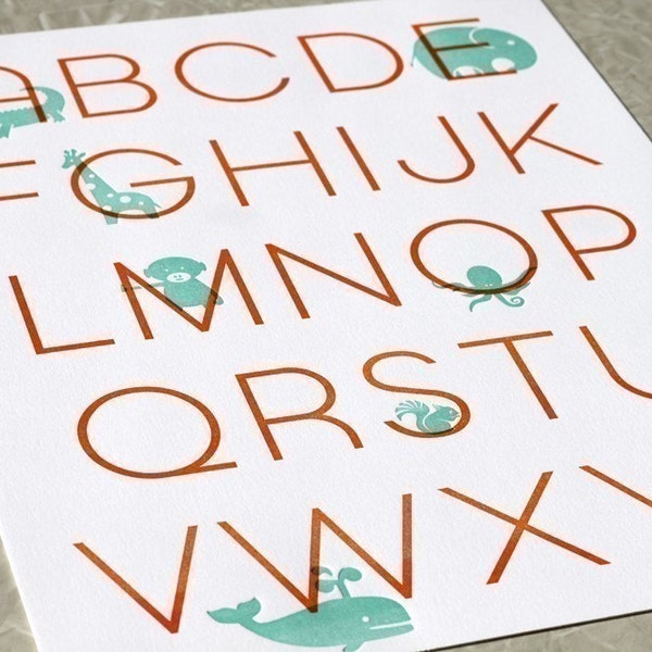 Kunstdruck von Buchdruck Alphabet. Modernes Design. Mandarine/Aqua. 11 x 14