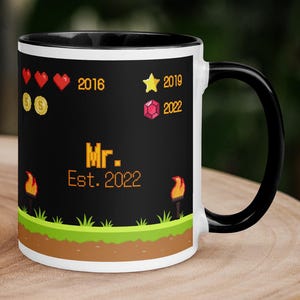 Personalized Gamer Mug for Him | Custom Milestone Dates | Retro Video Game Husband Gift | 8-Bit Coffee Cup for him