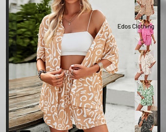 2Pieces Casual Printed Suits Short-sleeved Shirt And Drawstring Shorts