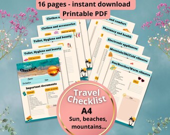Travel packing checklist à imprimer, organisateur, vêtements, accessoires, vacances, planificateur.