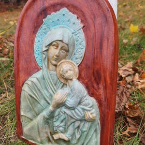 Handcast Cement Mother and Child Plaque, Multi Color, Home Garden Decor