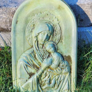Handcast Cement Mother and Child Plaque, Avocado Green, Home Garden Decor