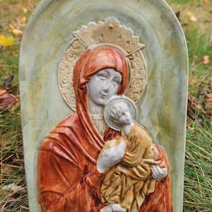 Handcast Cement Mother and Child Plaque, Multi Color, Home Garden Decor