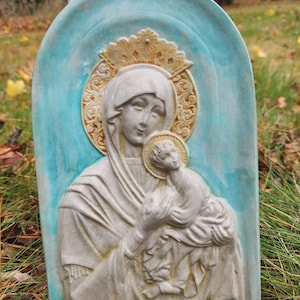 Handcast Cement Mother and Child Plaque, Avocado Green, Home Garden Decor