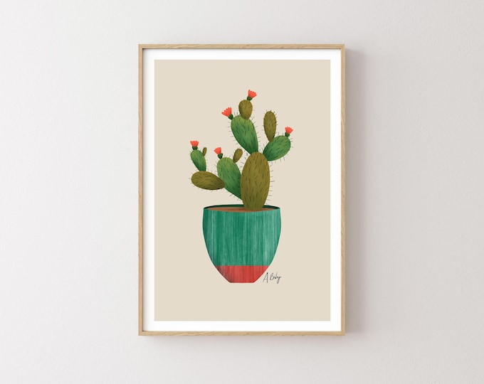 Paddle Cactus Art Print – Potted Plant Illustration