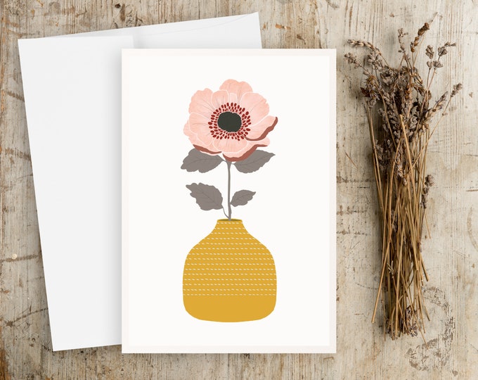 Floral Greeting Card: Pink Flower, Yellow Vase - Blank Notecard Set