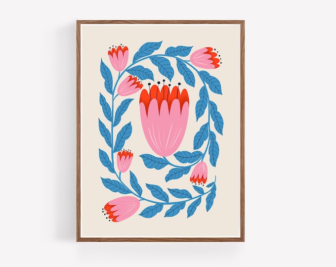 "Ebb and Flow" - Folk Art Floral Wall Art Print, Scandinavian Botanical Poster, Rustic Red Pink Tulip Illustration, Vibrant Nordicn Decor