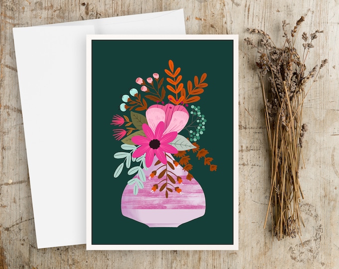 Folk Art Floral Greeting Card: Pink Vase Botanical Illustration