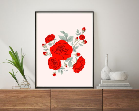 Boho Roses Illustration Print - Boho Floral Art - Red Roses - Botanical Art - Scandinavian Art - Hygge Decor - Boho Decor - Large wall art