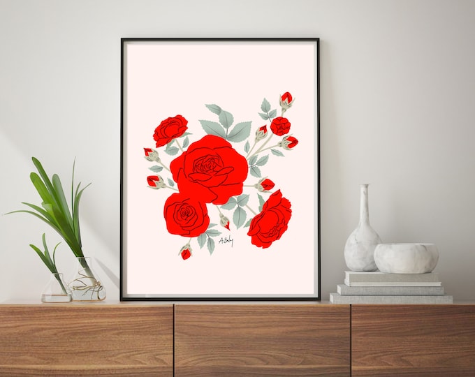 Red Roses Illustration Art Print: Retro Floral Bouquet