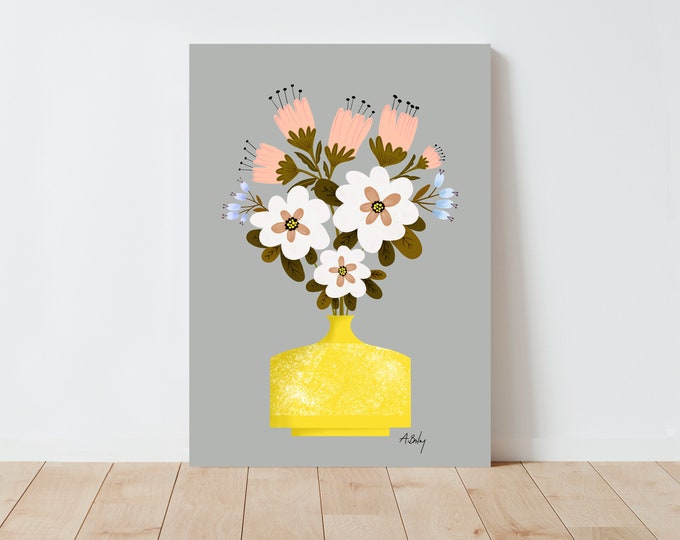 Floral Illustration Print: Scandinavian Folk Art, Yellow Vase