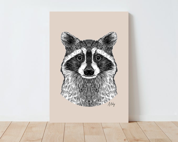 Raccoon Art Print | Raccoon Wall Art | Nature wall art | Farmhouse Decor | Cabin Decor | Large Wall Art | ink drawing | black and white